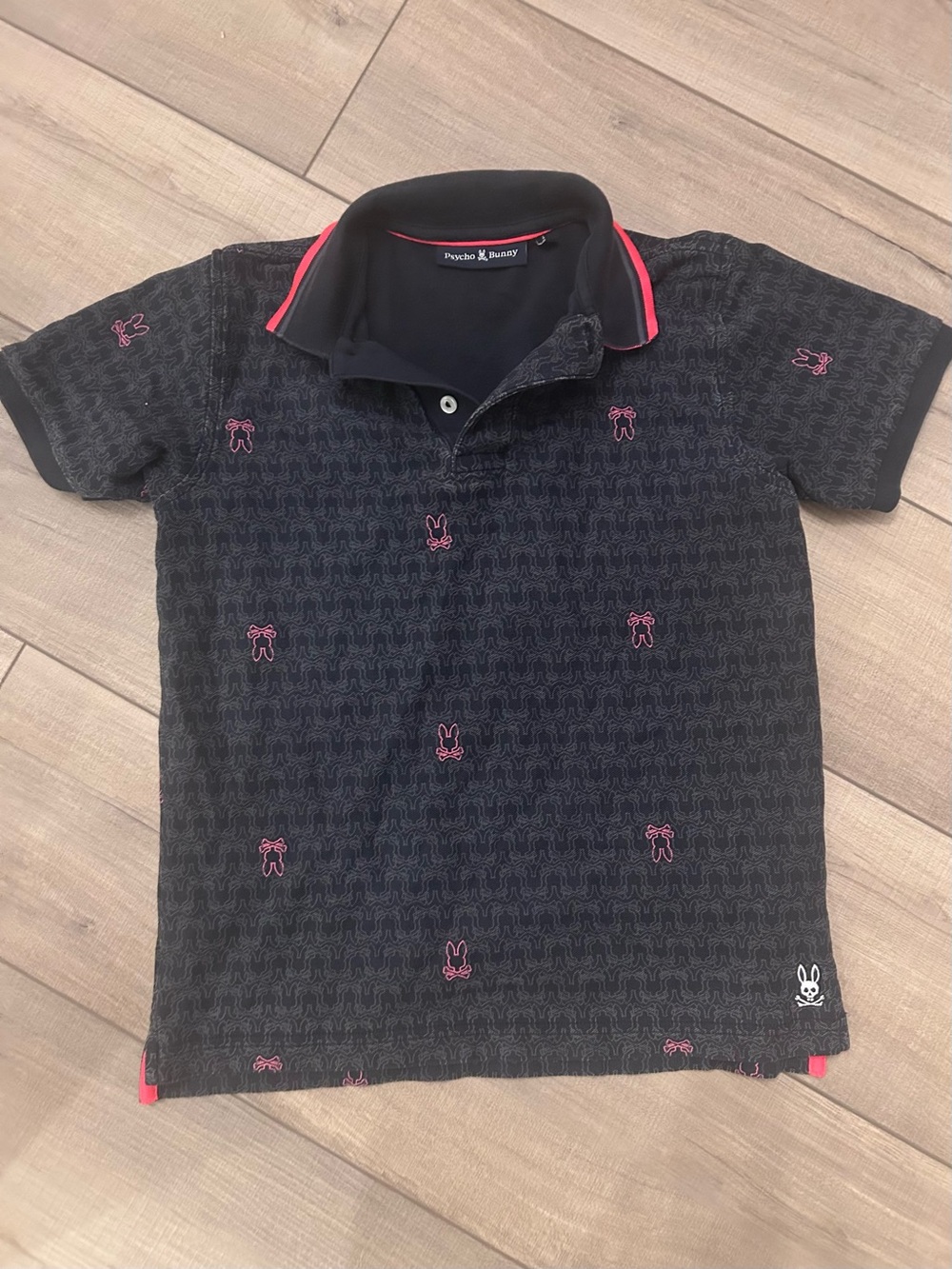 Psycho Bunny Charcoal All Over Embroidered Pink Bunny Skull Polo 14/16